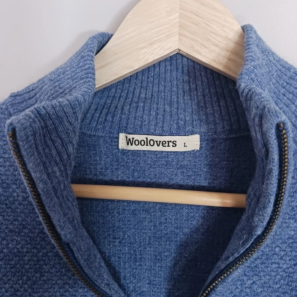 Woolovers 100% Merino Wool Quarter Zip Sweater Blue Pullover Mens Large Knit Top